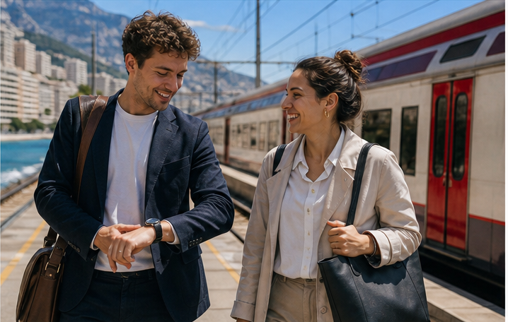 Deux jeunes actifs attendent le train sur la Riviera