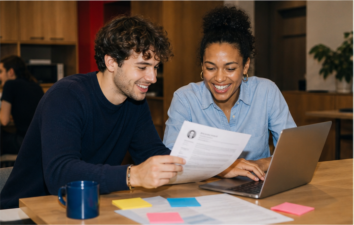 Deux jeunes professionnels relisent un CV dans un bureau coloré