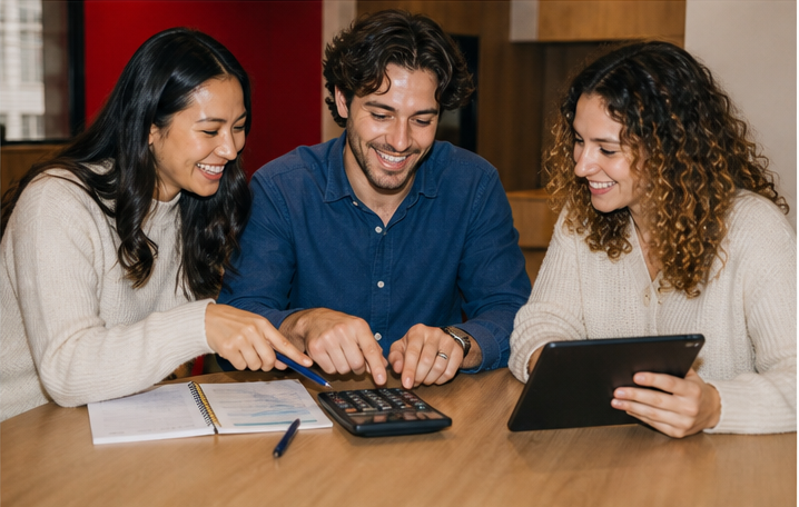 Trois professionnels comparent des salaires avec un calculateur