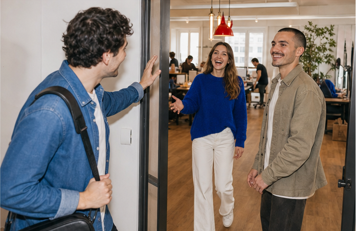Une nouvelle collaboratrice rejoint une équipe dans un bureau monégasque