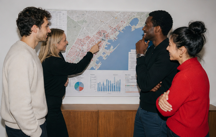 Quatre recruteurs analysent le marché de l’emploi sur une carte de Monaco