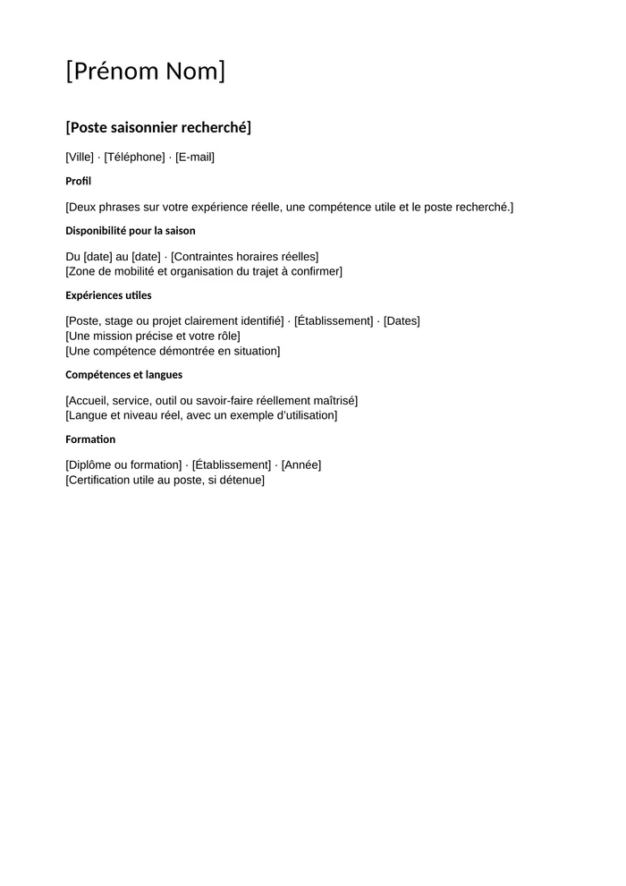 Aperçu du CV saisonnier : disponibilité, profil, expériences, compétences et formation
